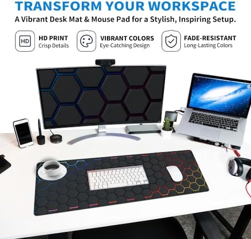 Extended Honeycomb Technology Desk Mat, XL Large Gaming Mouse Pad, Neon-Inlaid Hexagons Stitched Edges Waterproof Non-Slip Rubber Base for Computer Keyboard Laptop Work Home Office 31.5"x11.8"