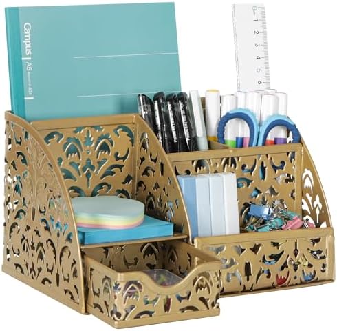 EasyPAG Desk Organizer and Pen Holder for Desk, Mesh Office Supplies Storage Caddy with Drawer for Small Space, Desktop Organizer for Home Office, Gold