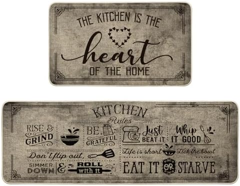 Artoid Mode Kitchen Quotes Kitchen Mats Set of 2, Seasonal The Kitchen is The Heart of The Home Cooking Sets Holiday Party Low-Profile Floor Mat - 17x29 and 17x47 Inch