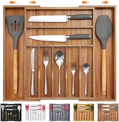 Bellsal Large Premium Acacia Wood Silverware Organizer - Expandable Utensil Drawer Organizer - 17"x19.6" Utensil Holder and Cutlery Tray with Grooved for Kitchen Flatware Utensils(7-9 Slot, Acacia)