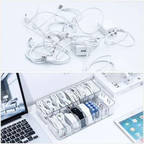 Cable Cord Storage Box with Adjustable Dividers, 2 Pack, Clear