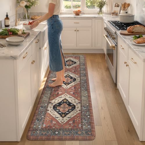 KIMODE Anti Fatigue Mats for Kitchen Floor,Red Farmhouse Kitchen Runner Rug