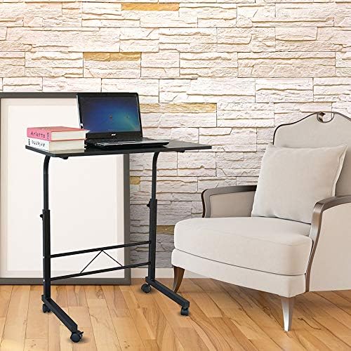 TV Tray Bed Side Table, Portable Rolling Desk Hospital Bed Laptop Table, Small Standing Desk with Wheels Adjustable Height for Sofa, Bedside, Tablet Use, Secure Non Tilt, 31.5" W, Black