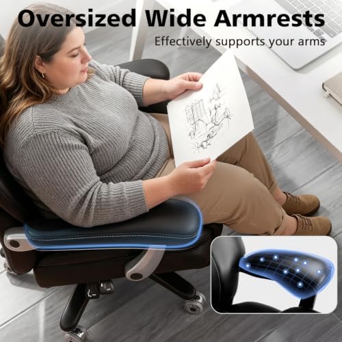 600lbs Big and Tall Office Chair for Heavy People,Heavy Duty Comfy Executive Office Desk Chair with Adjustable Lumbar Support,High Back Reclining PU Leather Computer Chair,Metal Base (Reclining Black)