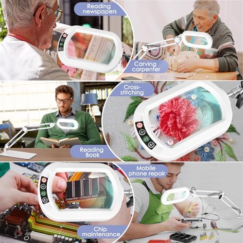 Drdefi 12X Square Magnifying Glass with Light and Stand, Real Glass LED Lighted Magnifier, 5 Color Modes Stepless Dimmable, Hands-Free Mag Desk Lamp with Clamp for Reading Craft Hobby Close Work White