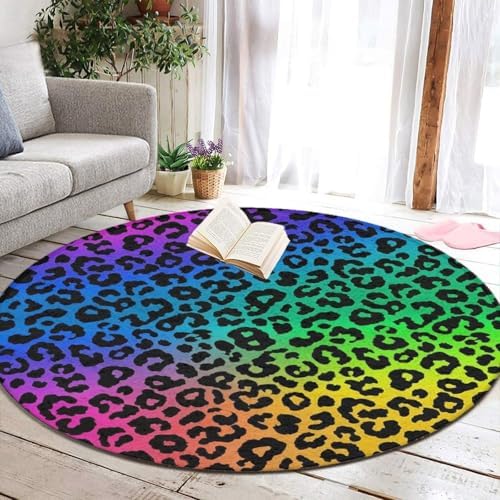 Circular Rugs Large Modern Round Area Rug Fashion Decor Mat for Home Office Colorful Cheetah Leopard Animal Print Rainbow, 60inch