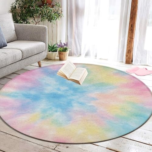 Large Home Decor Mat, Soft Round Yoga Carpet, Non Slip Machine Washable Kitchen Office Circle Rug Pink Rainbow Tie Dye