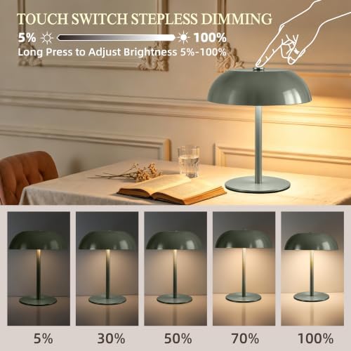 Portable LED Mushroom Table Lamp, 24H Cordless Metal Night Light with Rechargeable Battery, Stepless Dimmable 3 Colors Desk Lamp for Bedroom Bar Coffee Shop(Green)