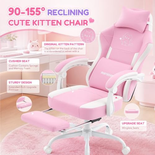 Gaming Chair, Ergonomic Computer Chair with Cat Embroidery, Pink
