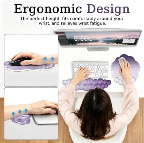 Gel Wrist Rest and Cloud Mouse Pad, for Keyboards and Mice - Ergonomic Pink Keyboard Wrist Rest Set, Relieves Pain from Typing/Computer/Laptop/Gaming/Home/Office Purple