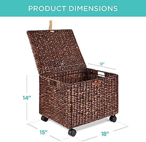 Best Choice Products Handwoven Water Hyacinth Rolling Filing Cabinet, Mobile File Organizer for Hanging Folders W/Lid and Locking Wheels For Home or Office – Brown