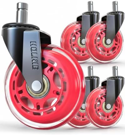 HOLKIE Gaming Chair Wheels Red Roller Blade Rubber Caster 3 Inch Set of 5 for Carpet Hardwood Floors