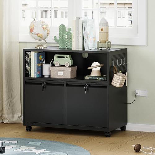 Letaya Mobile 2 Drawer File Cabinet with Lock, Metal Lateral Printer Stand Filing Storage Cabinets with Shelves for Home Office-A4/F4/Letter (Black)