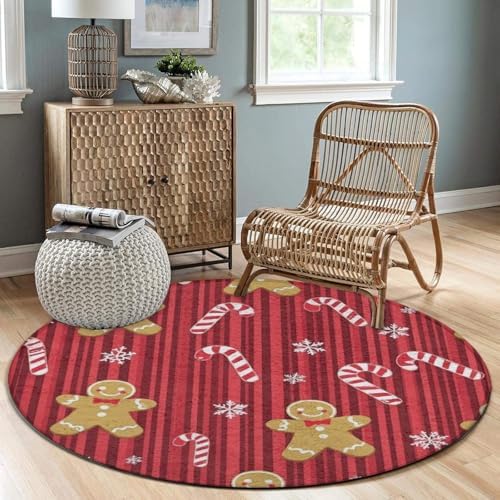Machine Washable Modern Round Area Rug, Room Sofa Yoga Soft Round Carpet, Home Decor Non Slip Kitchen Office Circle Rug Christmas Red Gingerbread Cookies Candy Canes