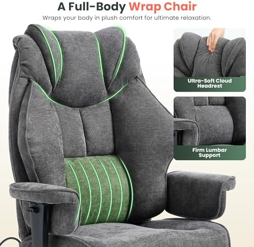 CIOMAN 500lbs Big and Tall Office Chair Adjustable Lumbar Support, Extra Wide Seat Ergonomic Gaming Chair with Footrest, Heavy Duty High Back Executive Leather Computer Desk Chair, Grey