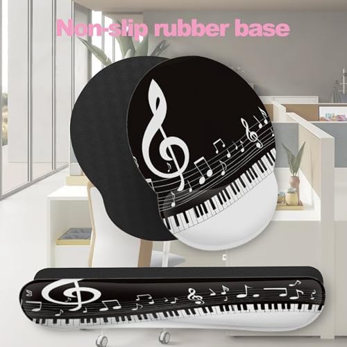 Black and White Piano Notes Mouse Pad with Wrist Rest Set, 3-in-1 Wrist Support Mousepad Set, Gaming Mat Pad with Anti-Skid Base,Ergonomic Memory Foam Mouse Pad Set for Women, Office, Typing, Gaming