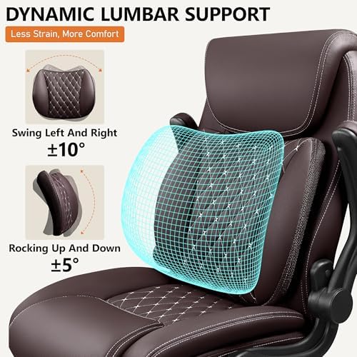 BESTFAIR Office Chair, Executive Computer Desk Chair with Lumbar Support for Lower Back Pain Relief, Ergonomic Leather Home Chair Comfy with Padded Flip-up Arms and Adjustable Armrests, Coffee