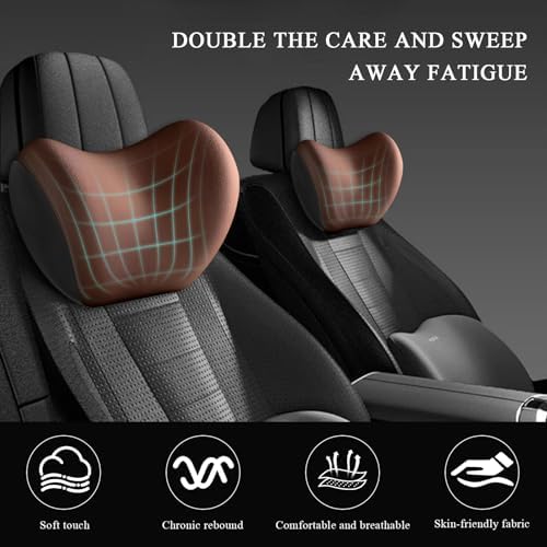 Car Headrest Cushion, Ergonomic Memory Foam Car Neck Back Support w/Removable Cover, Universal Breathable Lumbar Cushion Headrest Pillow with Adjusatble Strap (Coffee)