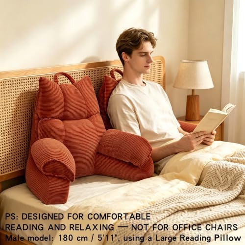 Reading Pillow for Bed with Arms, Back Support, Memory Foam（Bright Orange）