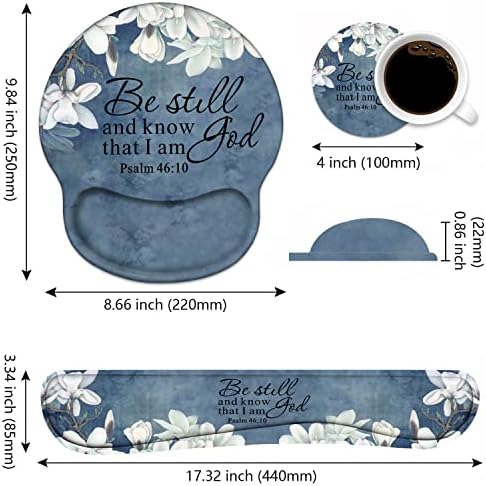 Keyboard Wrist Rest and Mouse Pad Wrist Support Set with Coasters, Christian Bible Verse Psalm 46:10 Wrist Mouse Pad with Non-Slip PU Base for Home Office Working Studying Easy Typing & Pain Relief