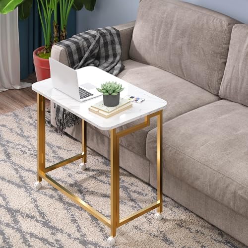 4NM 23.6" Mobile Small Rolling Computer Desk, Folding Laptop Cart Table with Wheels, Portable Office Desk for Small Space Couch Bed - White and Golden