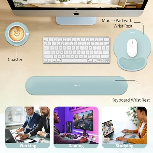 Sushret Mouse Pad and Keyboard Wrist Rest, 3-in-1 Gel Memory Foam Ergonomic Mouse Pad with Wrist Rest Set, Gaming Mousepad Arm Cushion Support for Computer Office Desk Accessories Cute, Seafoam Blue