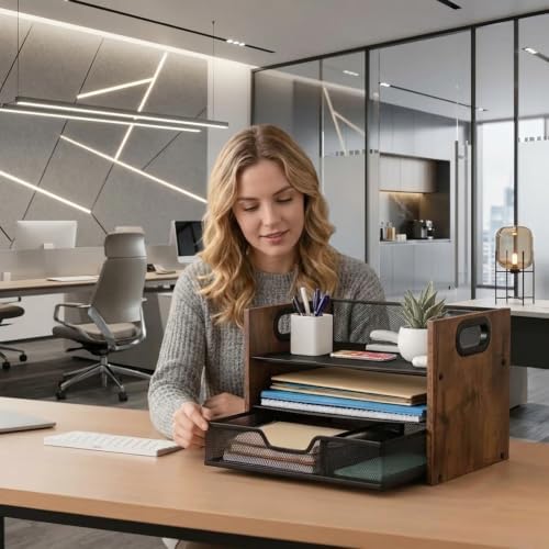Wood Desk Organizer - 3-Tier Desktop File Organizer with Drawer, Wooden Paper Tray, Office Desk Organzier and Accessories for Papers, Mail, Notebooks, Stationery