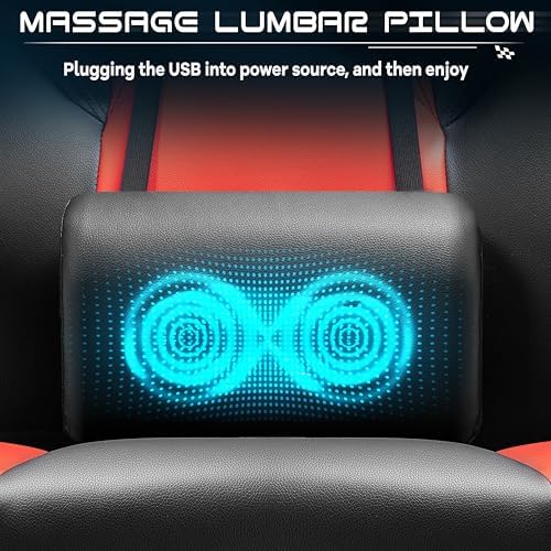 Gaming Chair for Adults, Video Game Chair with Footrest, Big and Tall Gaming Chair Heavy Duty Computer Chair with Massage Lumbar, Ergonomic Adjustable Height and 360° Swivel Seat, PU Leather, Red