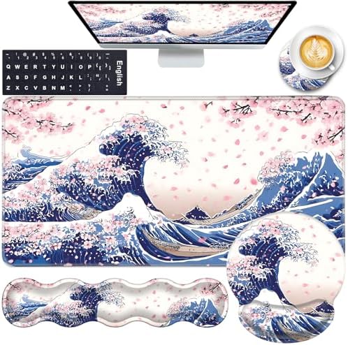 Mouse Pad,Large Pink Desk Mat, 4in1 XXL Mousepad + Keyboard Wrist Rest+Mouse Wrist Rest+Coaster Set with Ergonomic Desk Pad for Home Office Table Computer-Japanese Sea Wave