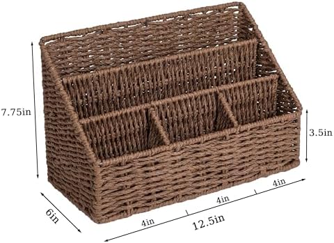 DINGTAI Rattan Desk Organizer, Tabletop Mail Holder, 5 Slot Mail Organizer Countertop Basket, Rattan Office Supplies, Boho Office Desk Accessories, Wicker Desk Organizer, Magazine Holder（Brown）