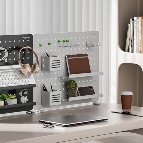 PEGZONE Clamp on Desk Pegboard, 20.4" x 16.5", with 15 Accessories, White