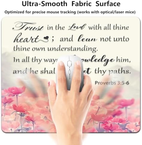 9.5x7.9 Inch Office/Gaming Mouse Pad, Trust in The Lord with All Thine Heart, Inspirational Bible Verse Scripture Quote Amidst a Serene Field of Pink Flowers Cute Anti-Slip Mat for Desk