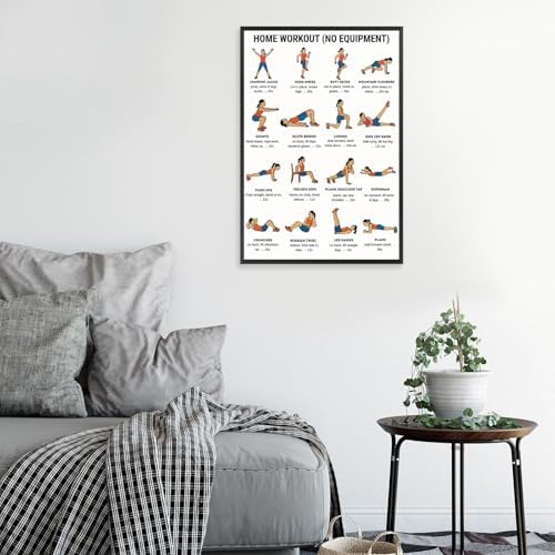 No Equipment Home Workout Poster, 16 Illustrated Full-Body Bodyweight Training Chart with Rep & Timing Guides, Beginner Friendly Full Physique Fitness Reference for Indoor Daily Cardio & Strength Building Routine(12x18inchs，Unframed)