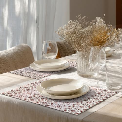 Shrahala Vintage Victorian Floral Set of 6 12 X 18 Inch Linen Placemats, Ornate Rose Scroll Burlap Table Mat Washable Double Layered Heat Insulation for Indoor