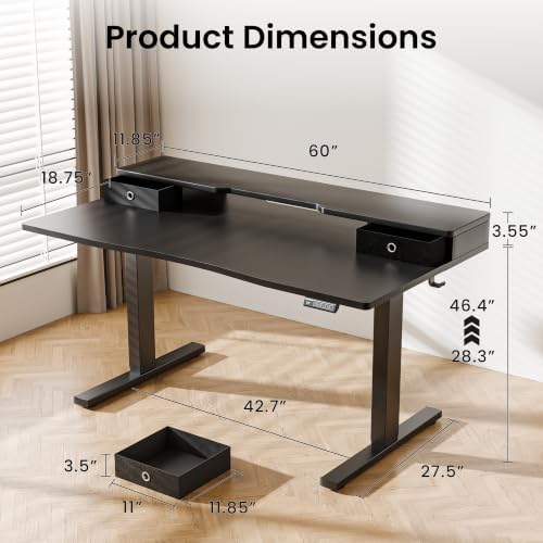 Realbear 60x30 Inch Electric Standing Desk with Drawers, Black
