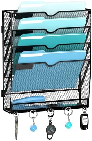 5-Tier Wall File Organizer and Mail Organizer with 5 Hooks, Black