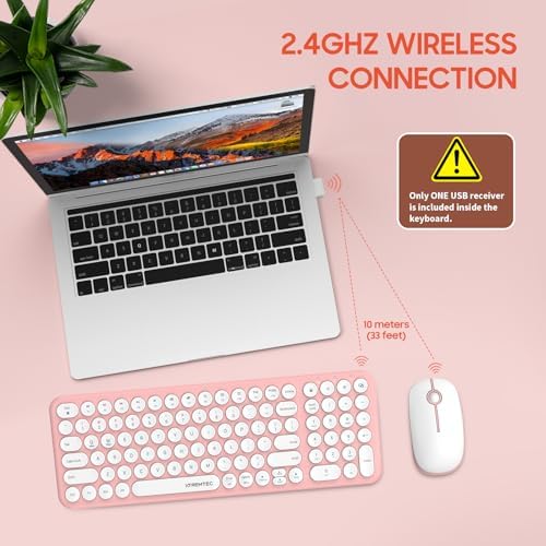 Wireless Keyboard and Mouse Combo,XTREMTEC 2.4GHz Quiet Slim Cute Round Keycap Compact Size Pink Kawaii Cordless Retro Keyboard and Mouse Set Home Office Accessories for Mac/Windows(Sakura Pink)