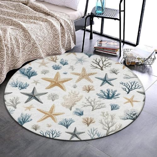 Women's Large Home Decor Mat, Soft Round Yoga Carpet, Non Slip Machine Washable Home Office Circle Rug Coral Seashell Starfish