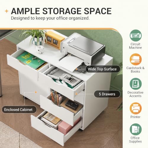 DEVAISE 5-Drawer Wood Office Cabinet, Craft Storage Cabinet, White