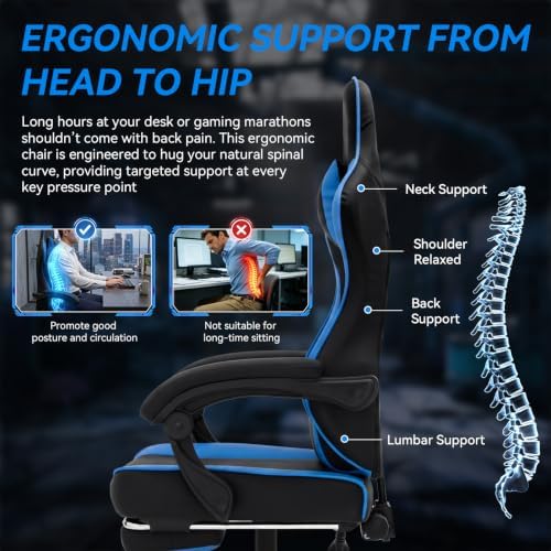 ELECWISH Ergonomic Gaming Chair, Reclining Computer Chair, Matte Blue