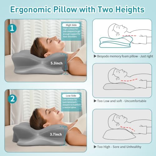 Cervical Pillow for Neck Pain Relief, Ergonomic Neck Pillow for Sleeping, Contour Pillow for Neck Support, Memory Foam Pillows for Side Back Stomach Sleepers (Grey+White+Grey)