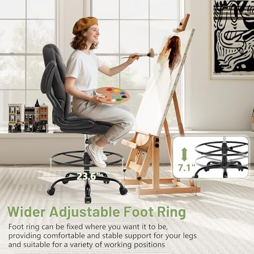 500LBS Drafting Chair, High Back Safer Standing Desk Chair, Executive Tall Office Chair with Flip-up Armrests, Upholstered Fabric Task Chair, Ergonomic Seat with Adjustable Height&Foot Ring, Dark Gray