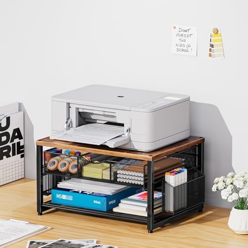 Marbrasse Wood Printer Stand for Desk, 2-Tier Desktop Printer Table for Home Office, Printer Stand with Storage Drawer 2 Pen Holders, Multi-Purpose Desk Organizer for Fax Machine Scanner(Wood Brown)