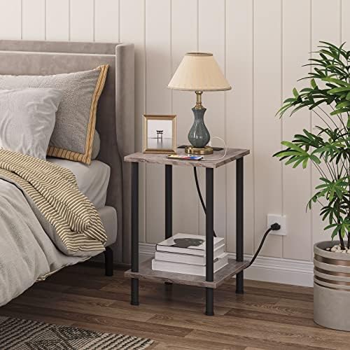 HOOBRO Side Table with Charging Station, Set of 2 End Tables with USB Port and Outlets, Nightstand with 2-Layer Storage Shelves for Small Spaces, Living Room, Bedroom, Greige and Black BG09UBZP201