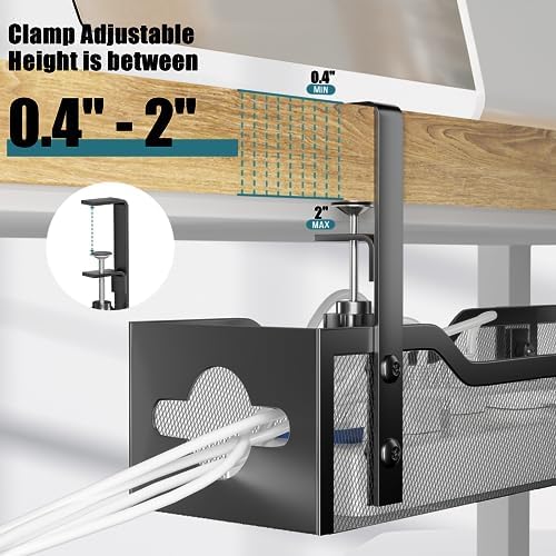 Under Desk Cable Management Tray Black, Litwaro Cable Management Under Desk No Drill, 25'' Cable Tray with Clamp for Wire Management, Cord Organizer for Office, Home - No Damage to Table