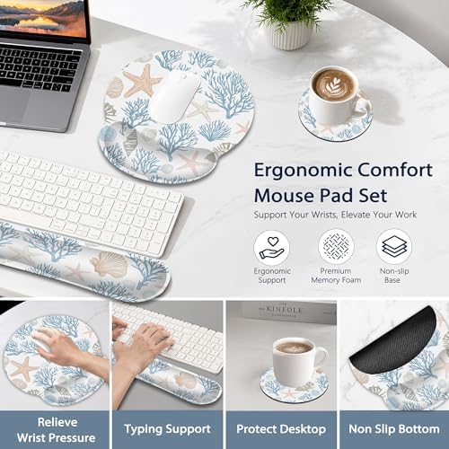 Starfish Wrist Rest Support for Mouse Pad Keyboard Set, Coral Shells Mouse Pad with Non Slip Rubber Base for Home and Office Typing Support