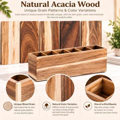 Jetec Wooden Pencil Pen Holder for Desk, Acacia Wood, 6 Compartments