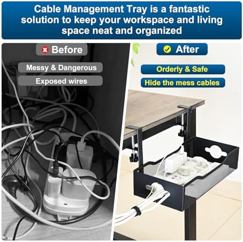 Large Under Desk Cable Management Tray - Heavy Duty Metal Cord Organizer with No Drill Installation for Office & Home Office Desks to Hide Wires & Power Strips (Black, XL) (Pack of 2)