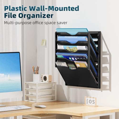 Marbrasse 5 Tier Wall File Organizer, Plastic Hanging File Holder for Mail, Magazines Paper Organizer Wall Mounted for Office Home (Black)