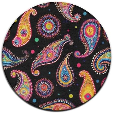 Home Decor Non Slip Kitchen Office Circle Rug, Machine Washable Modern Round Area Rug, Room Sofa Yoga Soft Round Carpet Colorful Paisley Art, 36inch